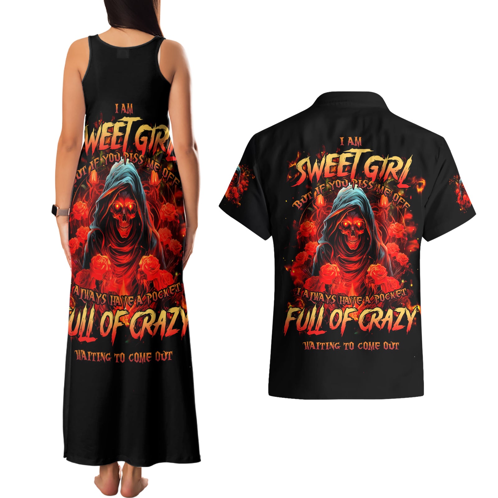 Rose Skull Couples Matching Tank Maxi Dress and Hawaiian Shirt Iam Sweet Girl But If You Piss Me Off - Wonder Print Shop