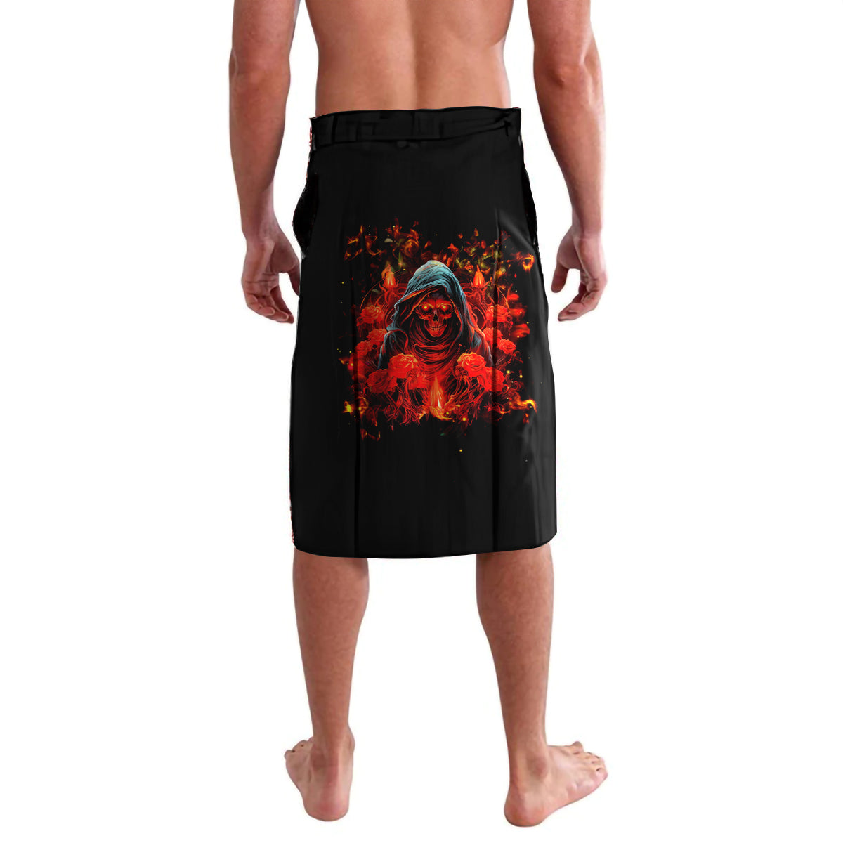 Black lavalava skirt with front slit and rose skull graphic in red and blue