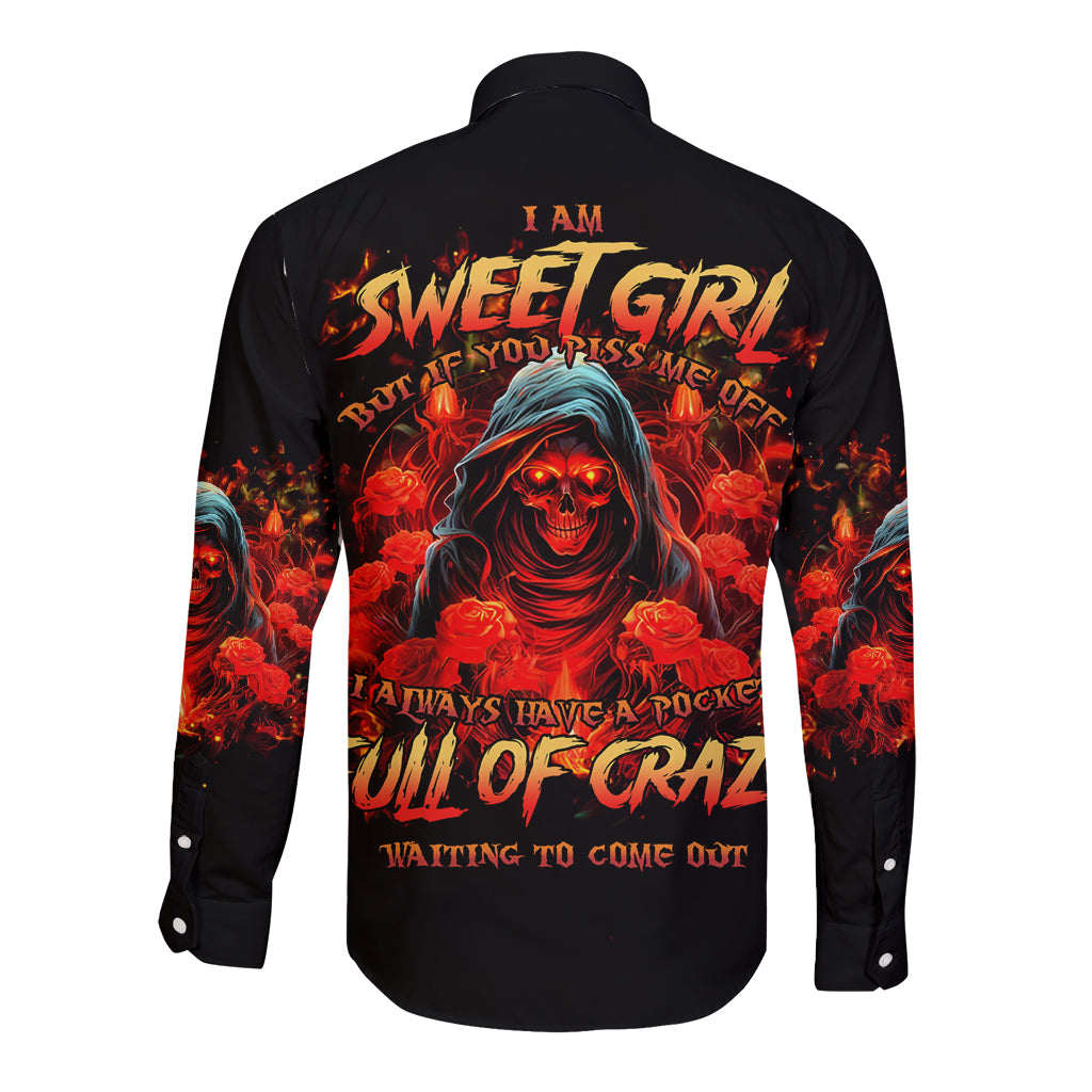 Rose Skull Long Sleeve Button Shirt Iam Sweet Girl But If You Piss Me Off - Wonder Print Shop