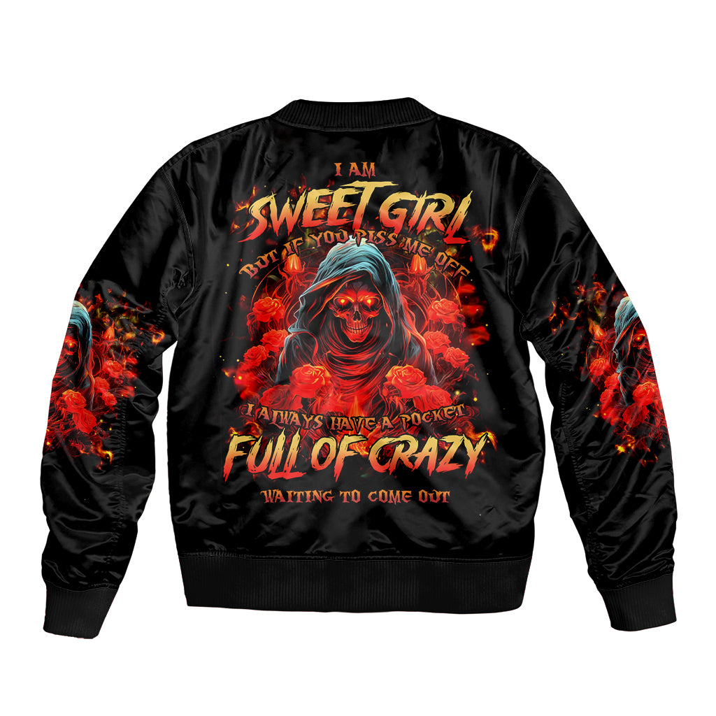 Rose Skull Sleeve Zip Bomber Jacket Iam Sweet Girl But If You Piss Me Off