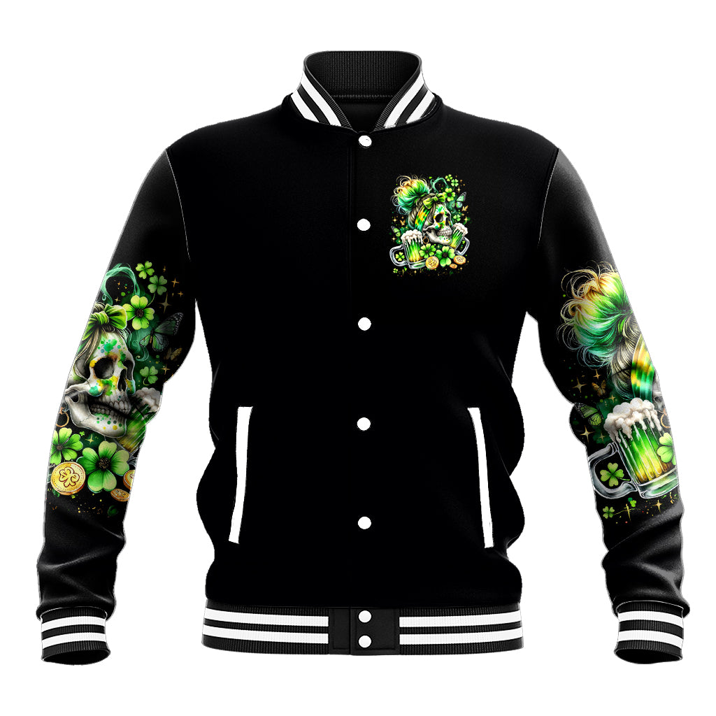 Black unisex baseball jacket with ribbed striped collar, cuffs, and chest shamrock skull patch