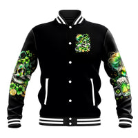 Black unisex baseball jacket with ribbed striped collar, cuffs, and chest shamrock skull patch