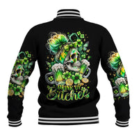 Black unisex baseball jacket with ribbed striped collar, cuffs, and back skull shamrock graphic
