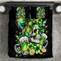 Black duvet cover bedding set with green skull, clover, and butterfly artwork