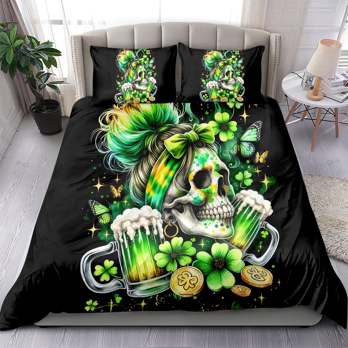 Black bedding set with green skull and clover print; two matching pillowcases