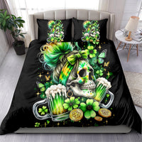 Black bedding set with green skull and clover print; two matching pillowcases