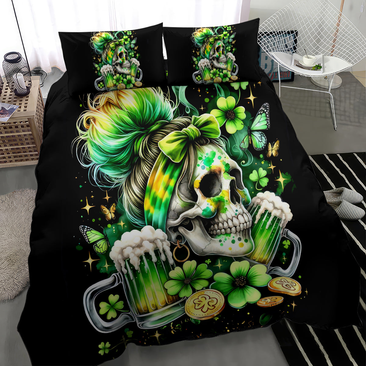 Black duvet cover set featuring green skull, shamrocks, and beer-mug graphic
