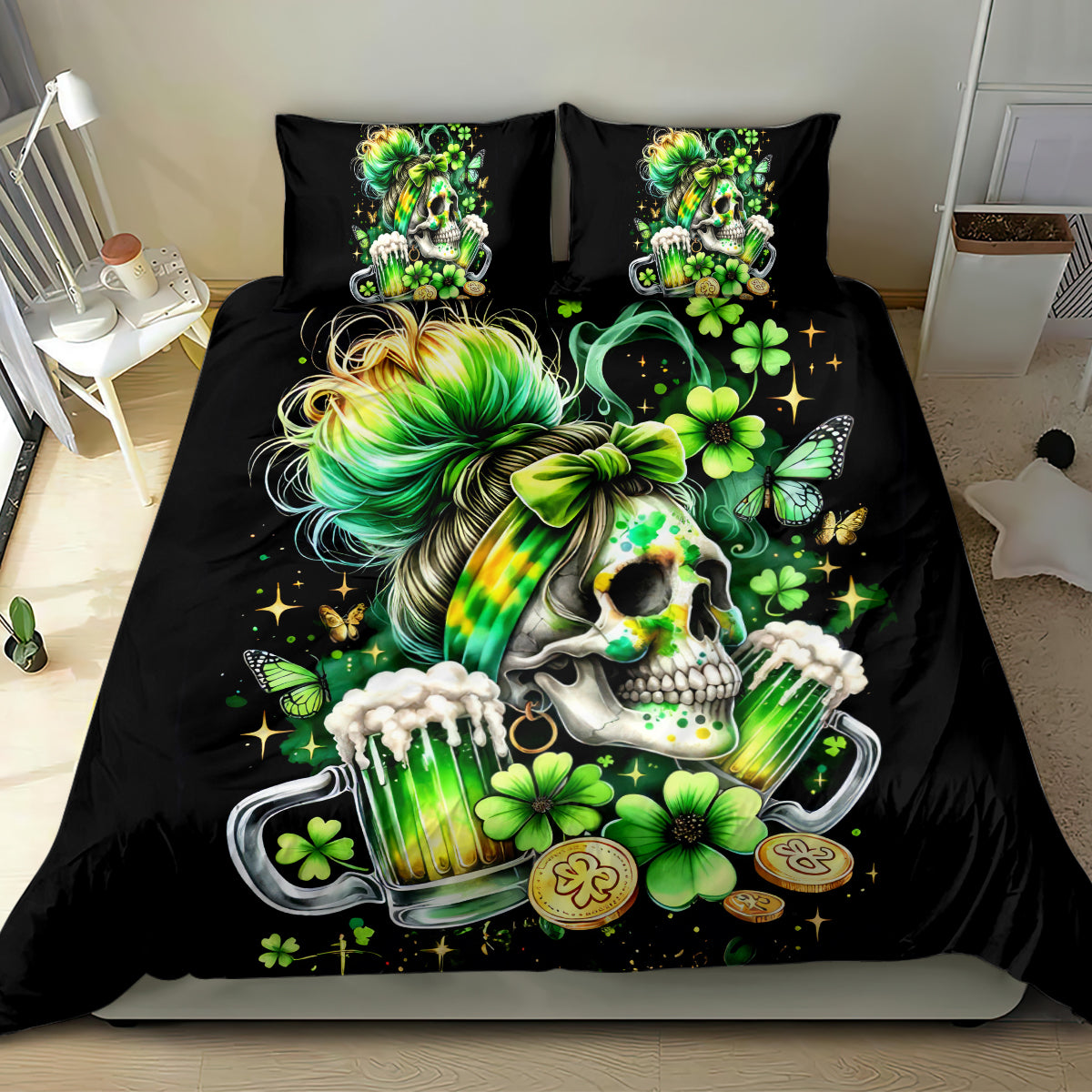 Black bedding set with green skull, shamrock, and beer mug design; two shams
