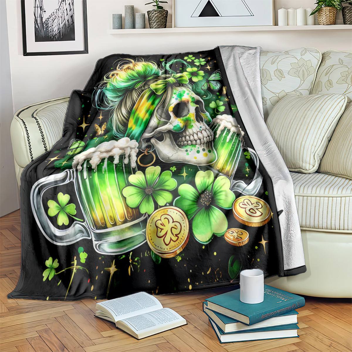 Black throw blanket with green clover, skull face, and drink can graphic