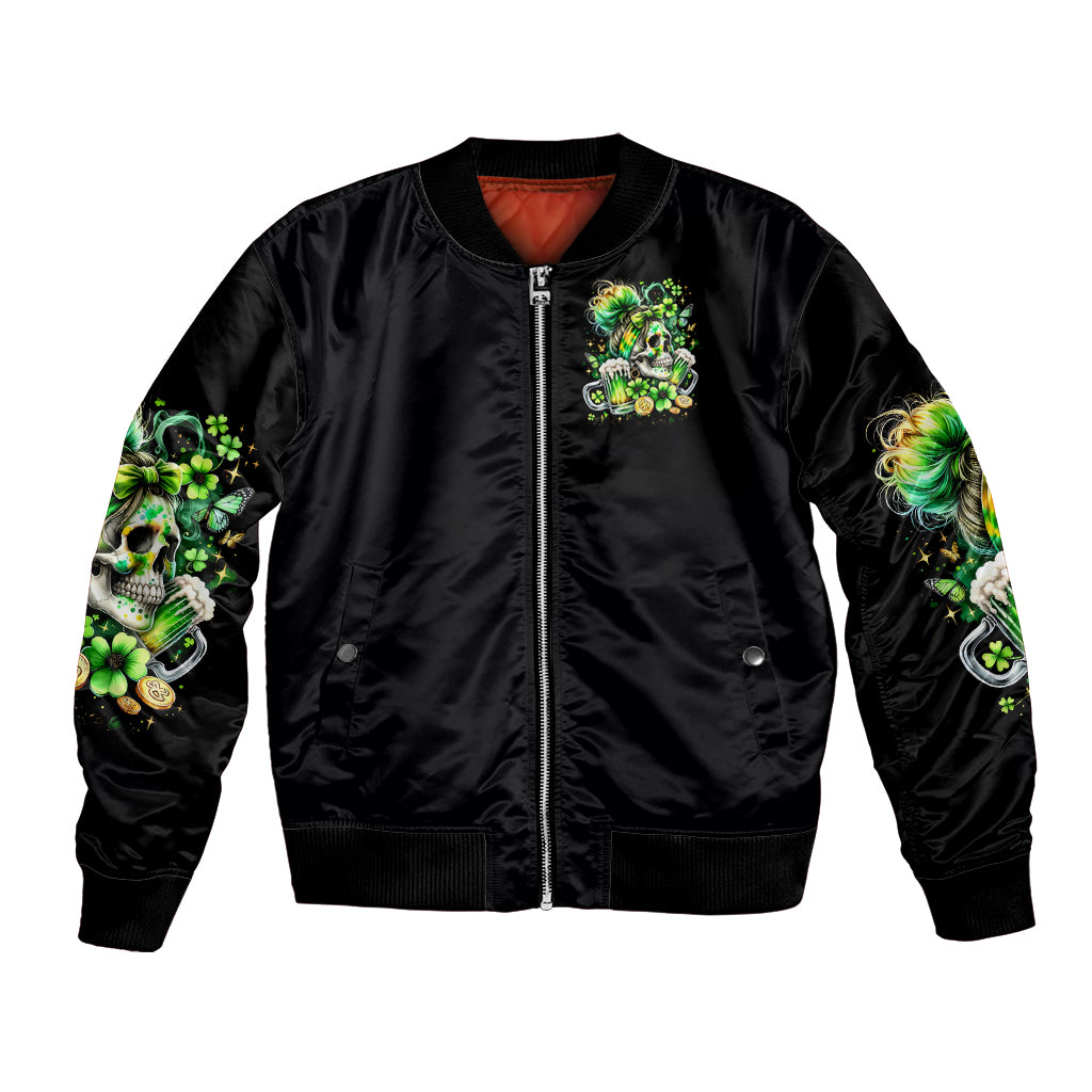 Unisex black bomber jacket, front zip with green skull-and-clover chest graphic, ribbed hem