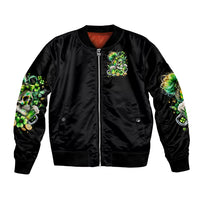 Unisex black bomber jacket, front zip with green skull-and-clover chest graphic, ribbed hem