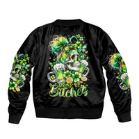 Unisex black bomber jacket with large green skull and clover graphic on back