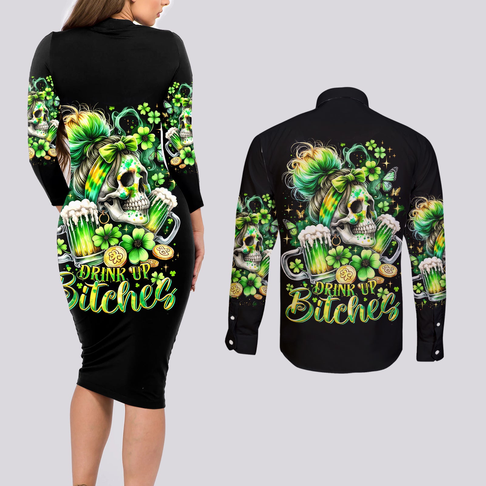 Irish Skull Couples Matching Long Sleeve Bodycon Dress and Long Sleeve Button Shirt Drink Up Bitches - Wonder Print Shop