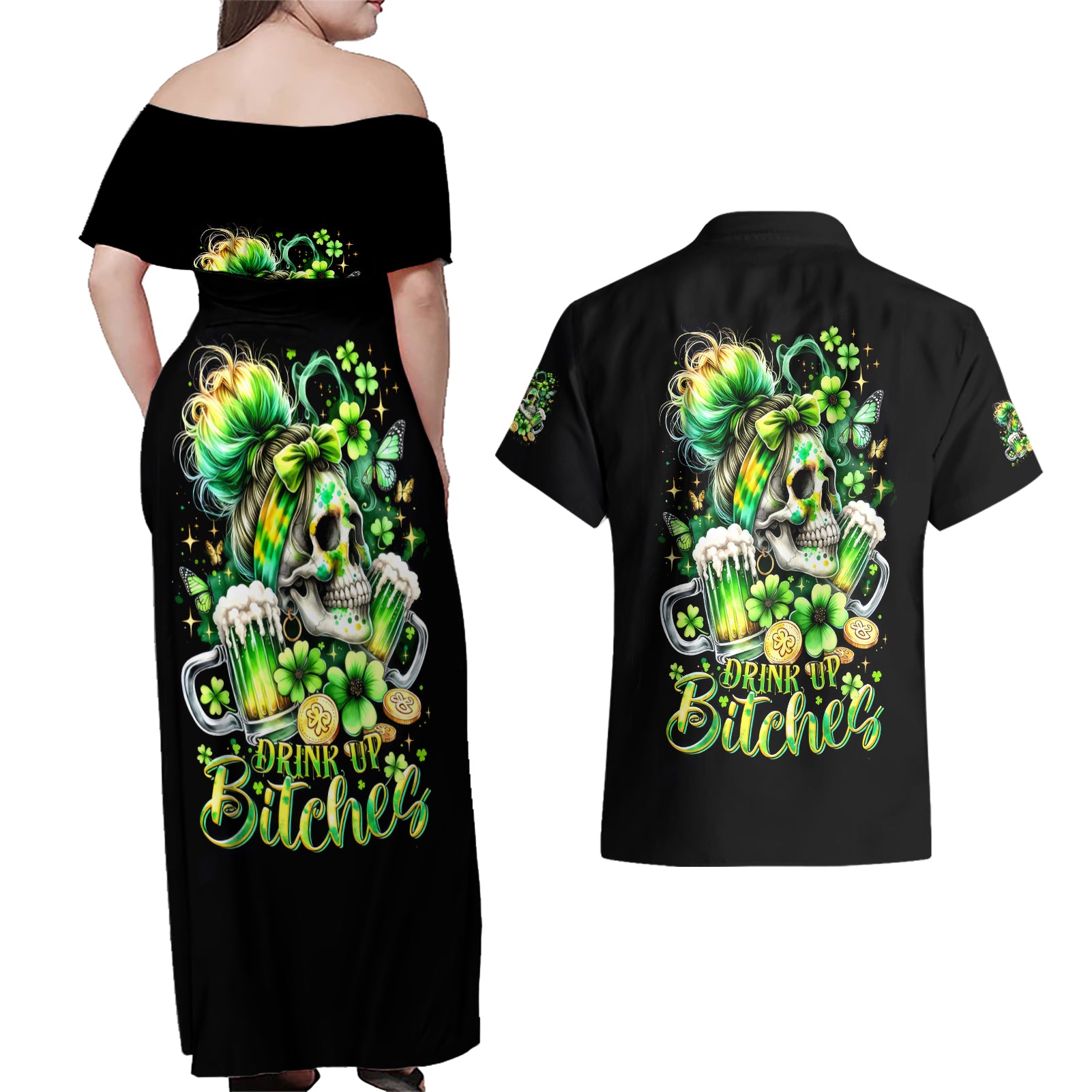 Irish Skull Couples Matching Off Shoulder Maxi Dress and Hawaiian Shirt Drink Up Bitches - Wonder Print Shop