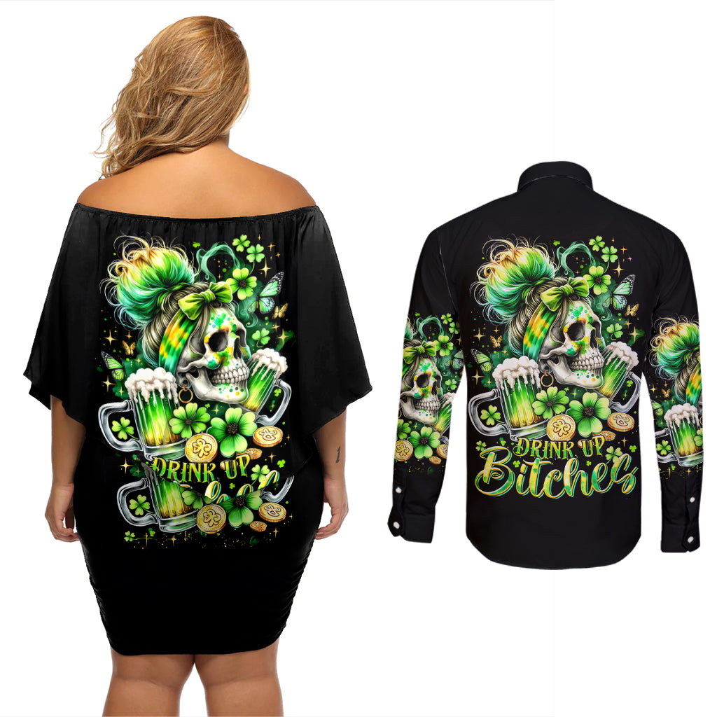 Irish Skull Couples Matching Off Shoulder Short Dress and Long Sleeve Button Shirt Drink Up Bitches - Wonder Print Shop