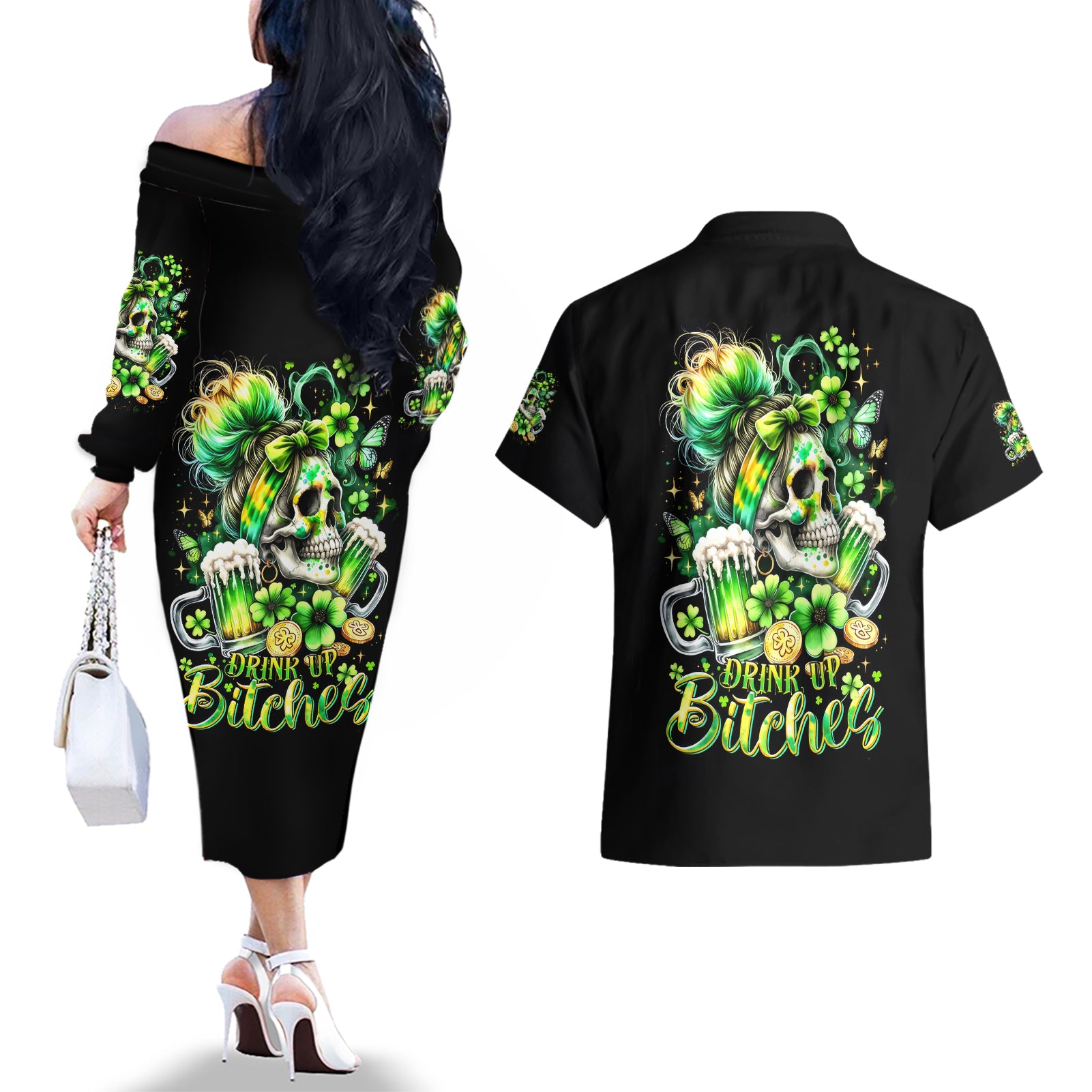 Irish Skull Couples Matching Off The Shoulder Long Sleeve Dress and Hawaiian Shirt Drink Up Bitches - Wonder Print Shop