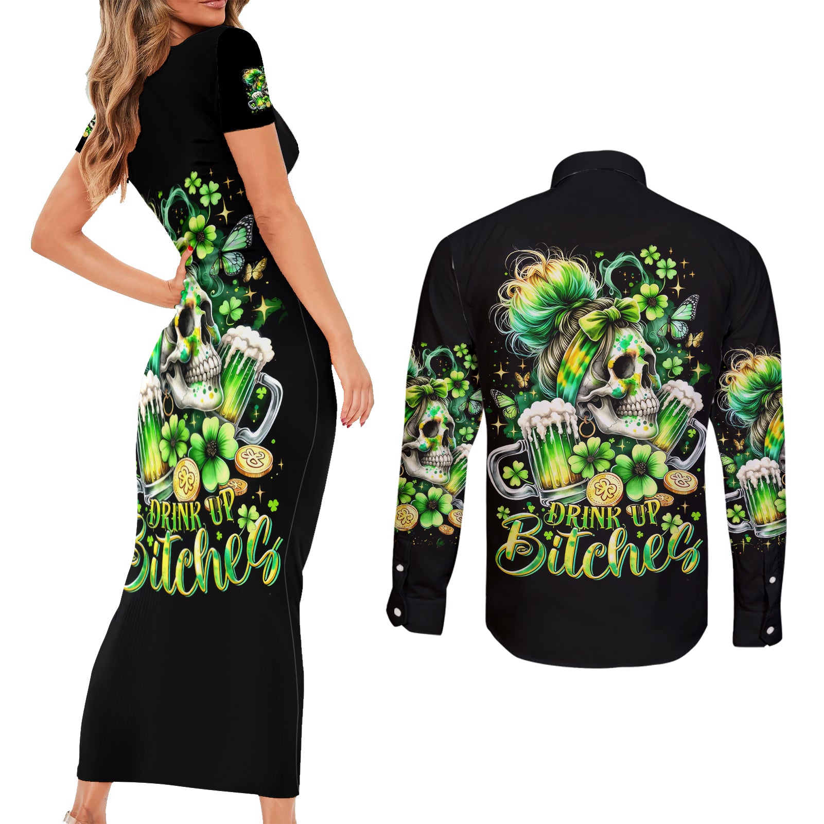 Irish Skull Couples Matching Short Sleeve Bodycon Dress and Long Sleeve Button Shirt Drink Up Bitches - Wonder Print Shop