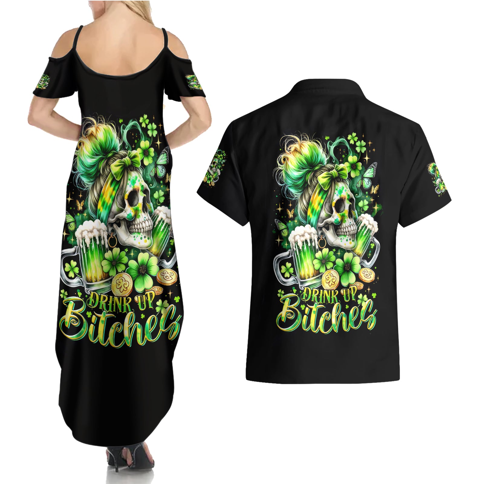 Irish Skull Couples Matching Summer Maxi Dress and Hawaiian Shirt Drink Up Bitches - Wonder Print Shop