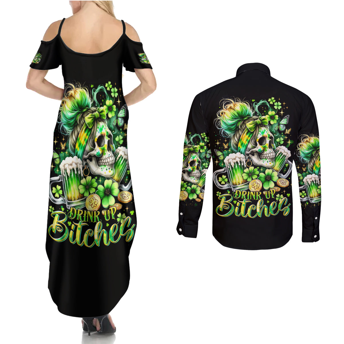 Irish Skull Couples Matching Summer Maxi Dress and Long Sleeve Button Shirt Drink Up Bitches - Wonder Print Shop