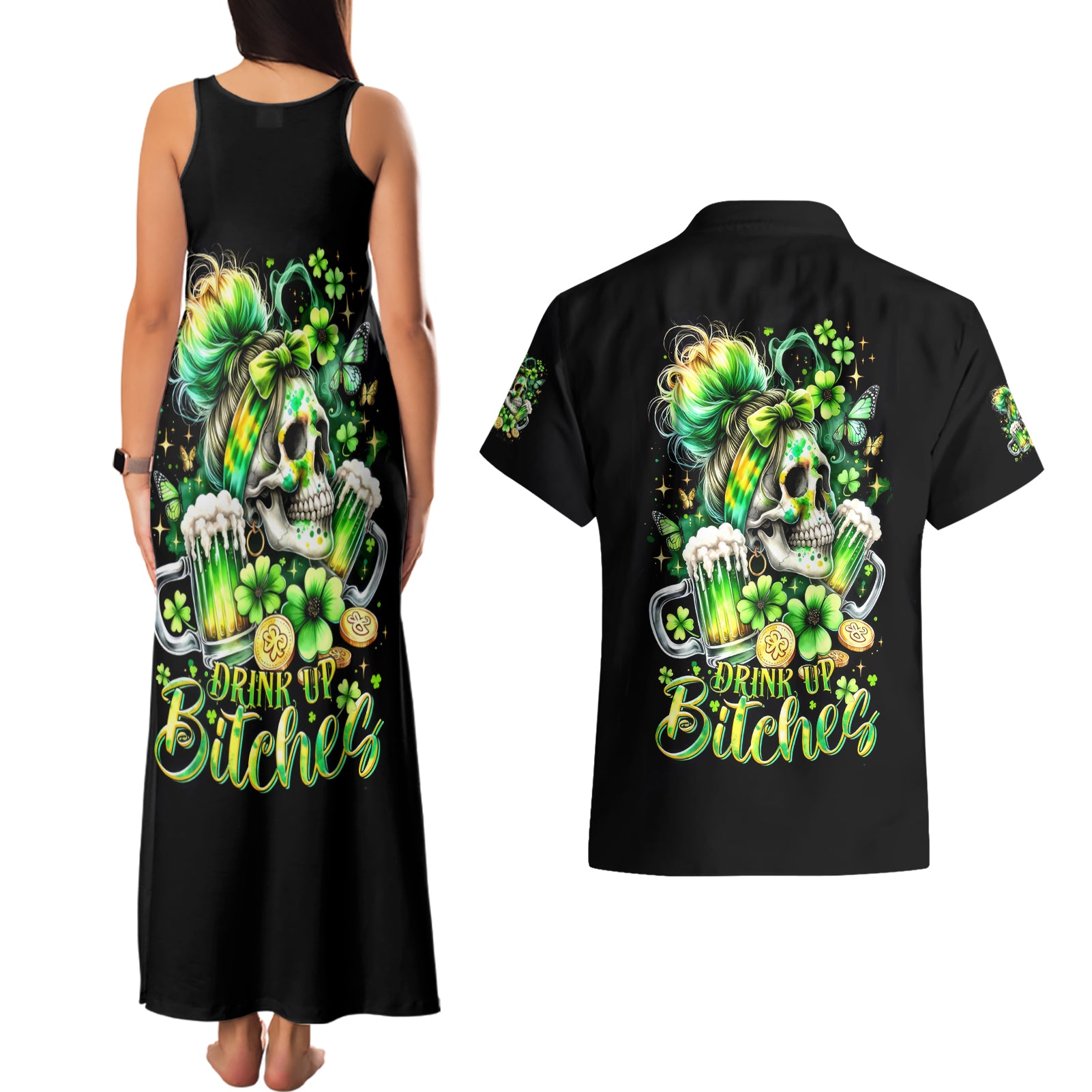 Irish Skull Couples Matching Tank Maxi Dress and Hawaiian Shirt Drink Up Bitches - Wonder Print Shop