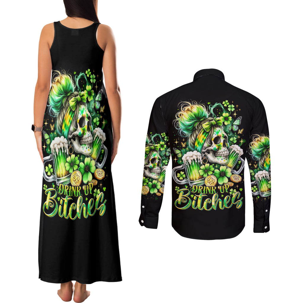 Irish Skull Couples Matching Tank Maxi Dress and Long Sleeve Button Shirt Drink Up Bitches - Wonder Print Shop