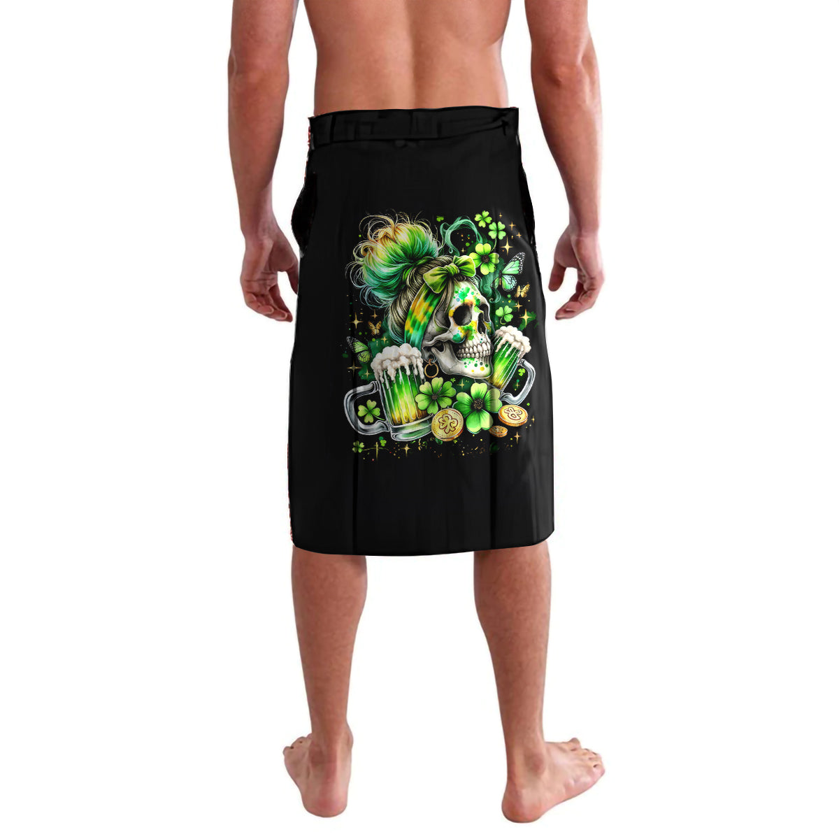 Black lava lava sarong skirt with green skull and shamrock-style graphic
