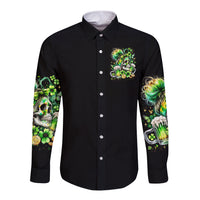 Black long sleeve button shirt with front chest emblem and green shamrock skull sleeves