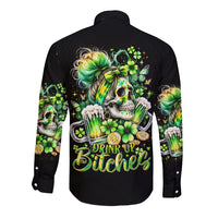 Black long sleeve button shirt with back skull, shamrocks, and green rainbow hair graphic