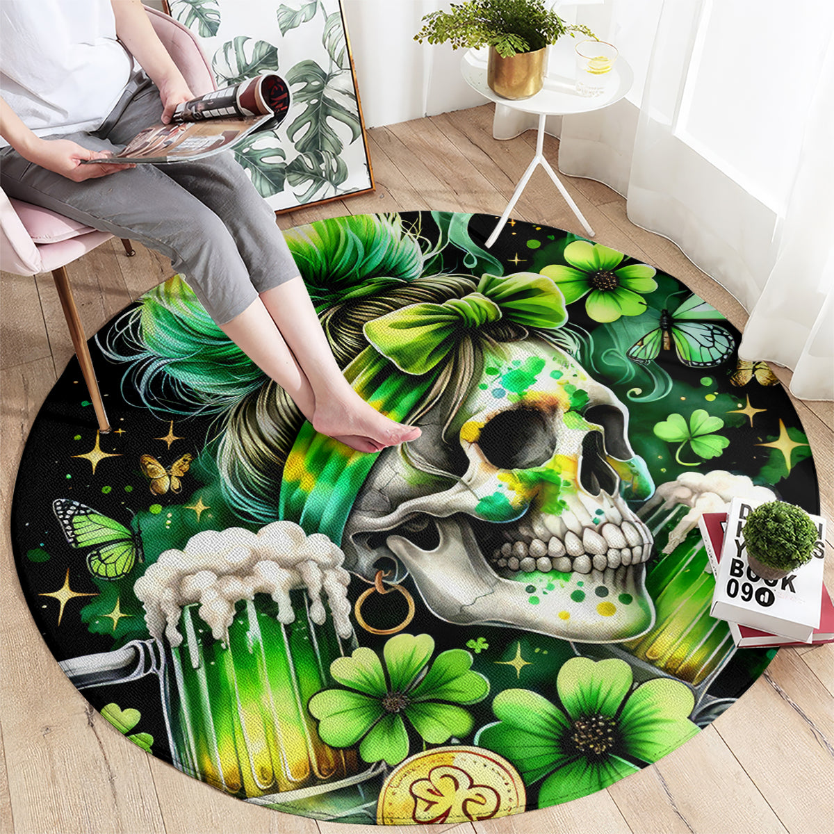 Black round area rug with green clover and skull graphic, shown on wooden floor