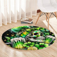 Black round area rug with green clover skull design on light wood floor