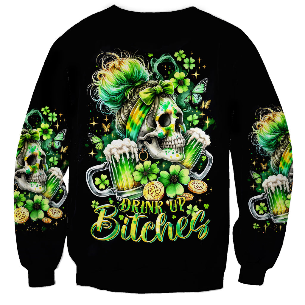 Black unisex sweatshirt with shamrock skull and “Drink Up Bitches” front graphic