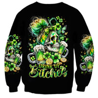Black unisex sweatshirt with shamrock skull and “Drink Up Bitches” front graphic