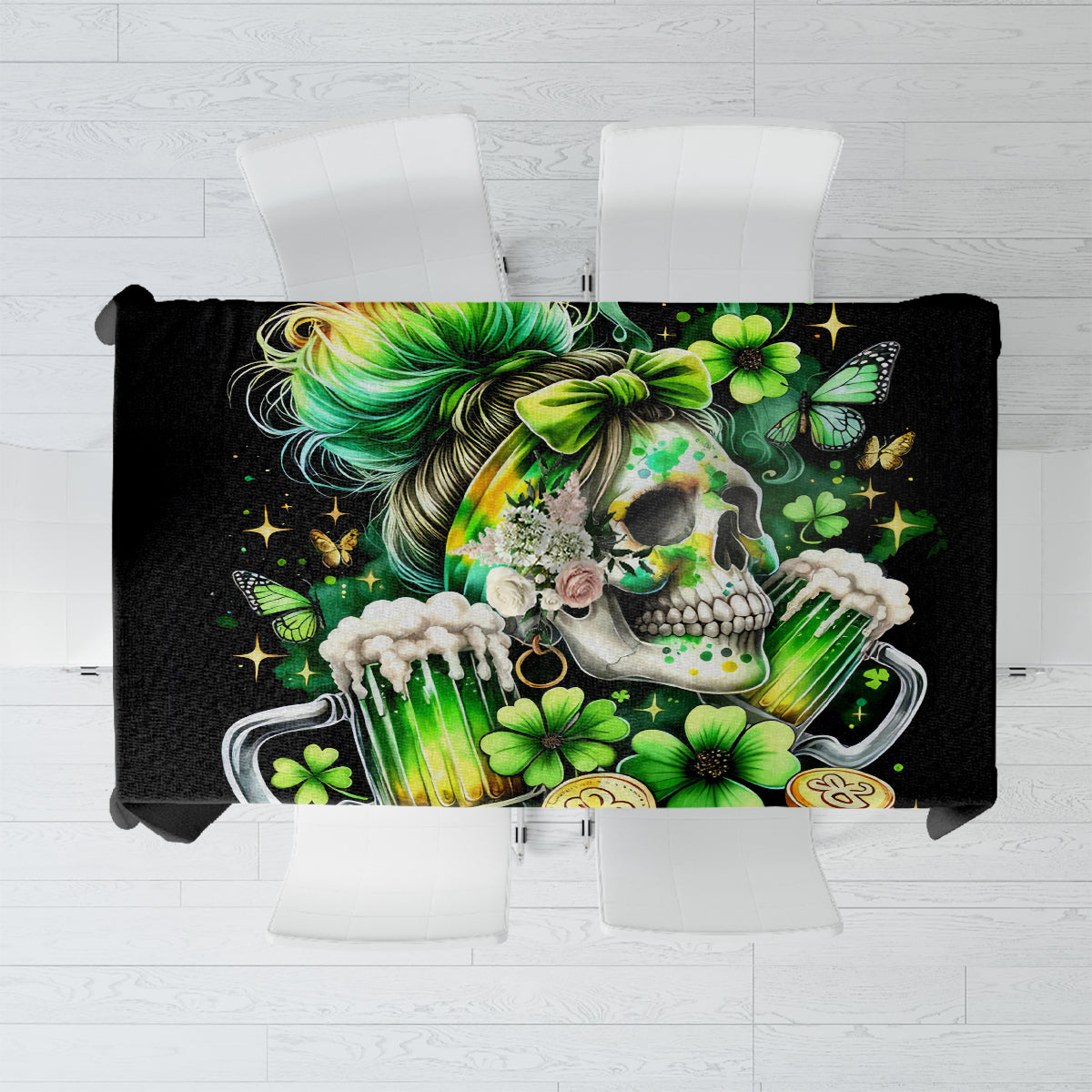 Black printed tablecloth with green skull and shamrock graphic, square fold view