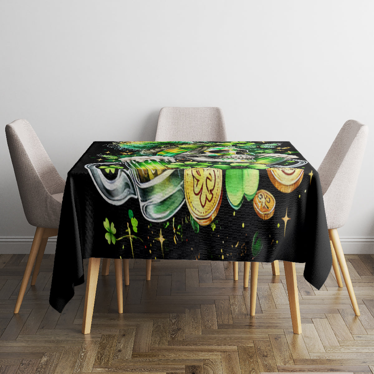 Black printed tablecloth on square dining table with green skull and shamrocks