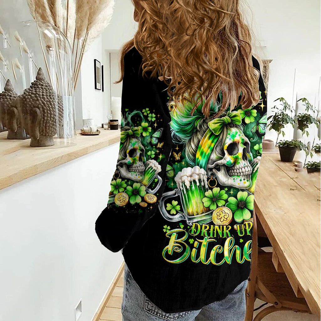 Irish Skull Women Casual Shirt Drink Up Bitches