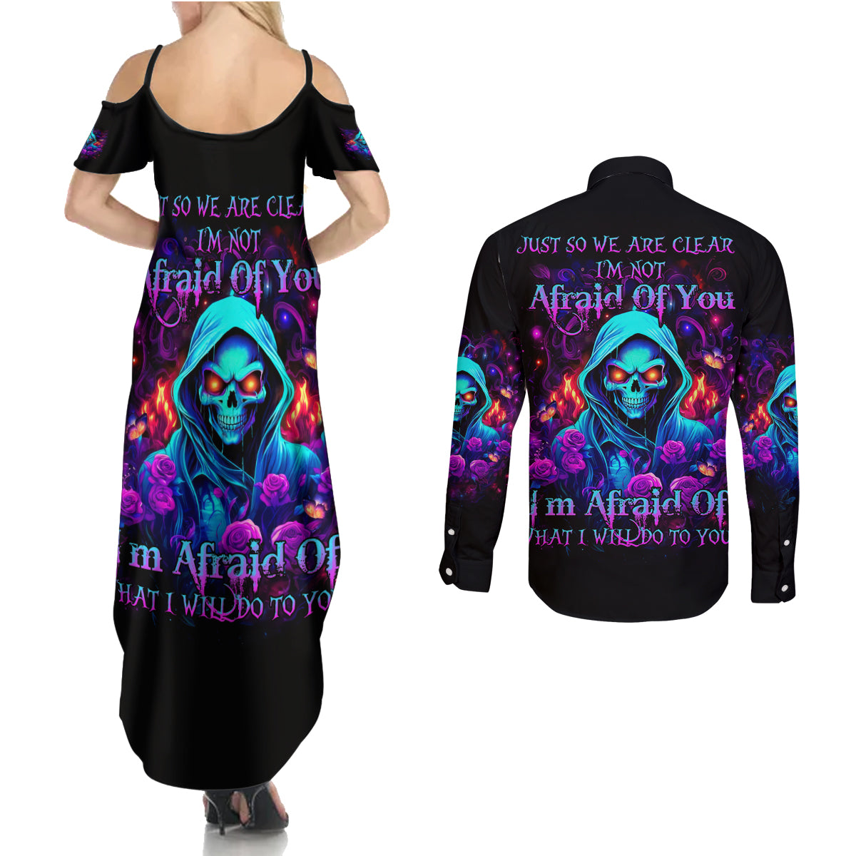 Rose Skull Couples Matching Summer Maxi Dress and Long Sleeve Button Shirt Just So We Are Clear I'm Not Afraid Of You - Wonder Print Shop