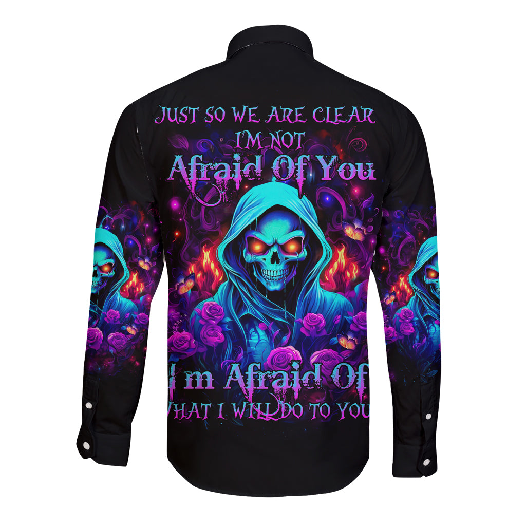 Unisex black long-sleeve button shirt with back skull-and-rose graphic