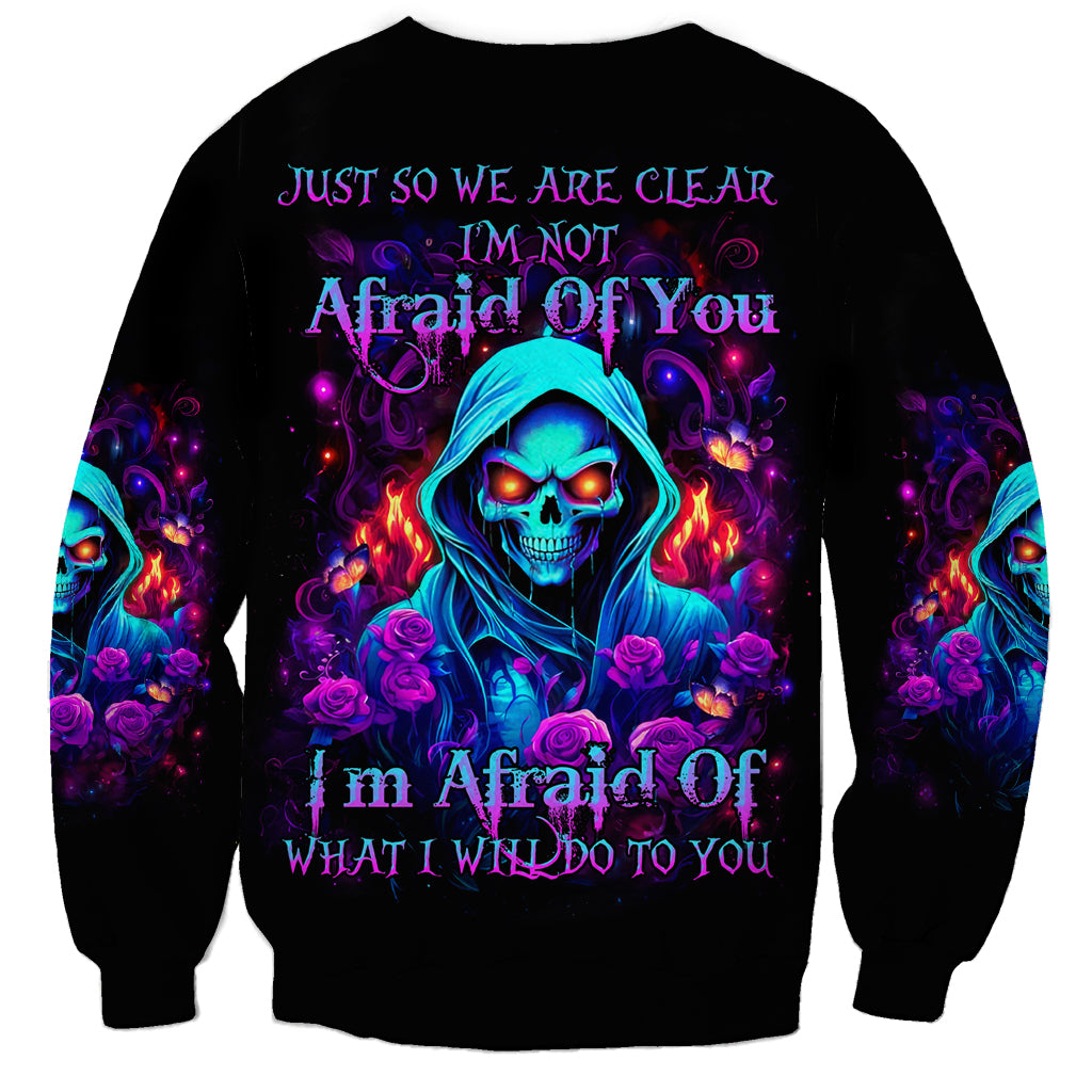 Unisex black crewneck sweatshirt with colorful rose skull graphic and text
