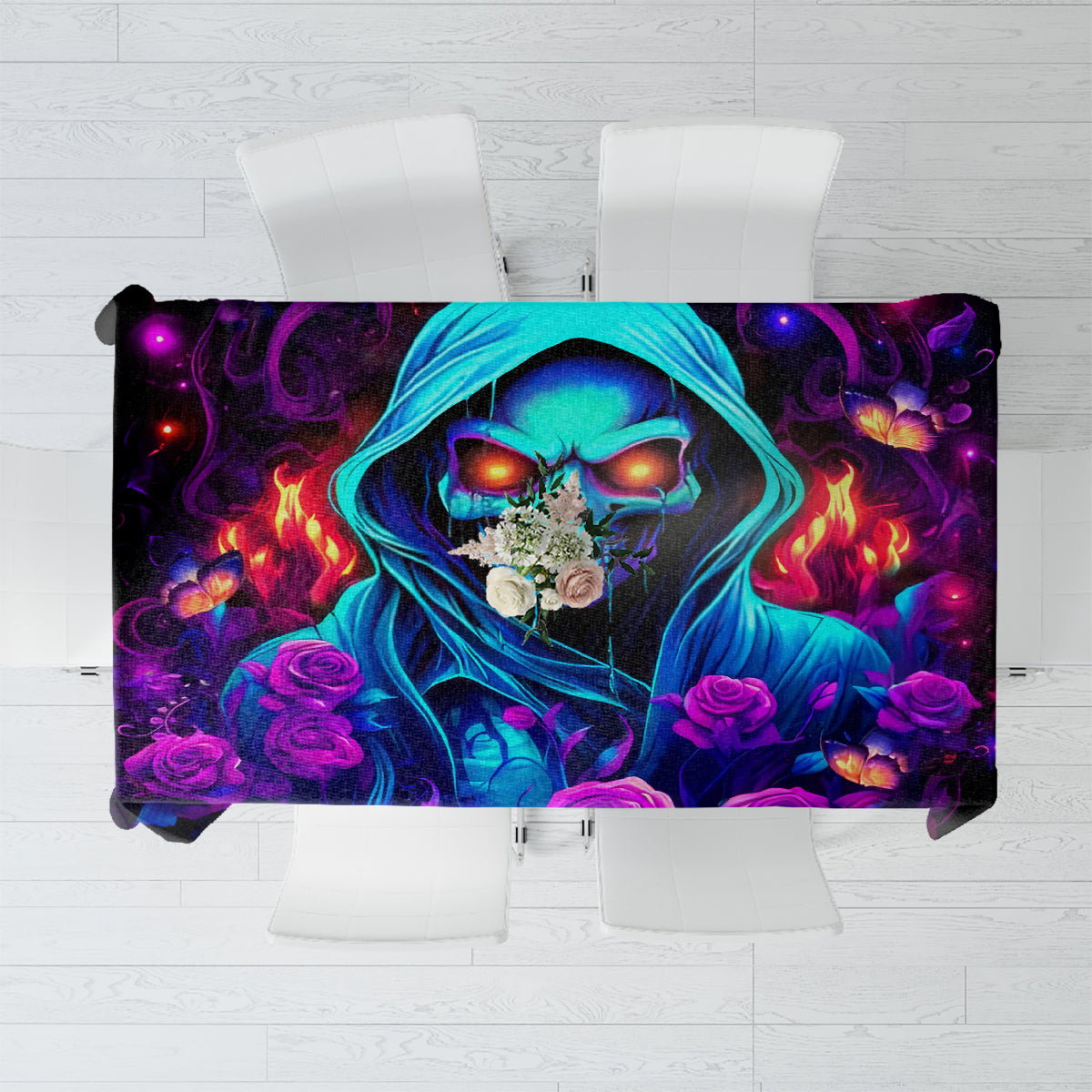 Black tablecloth with neon blue skull face, purple roses, and multicolor flame details.