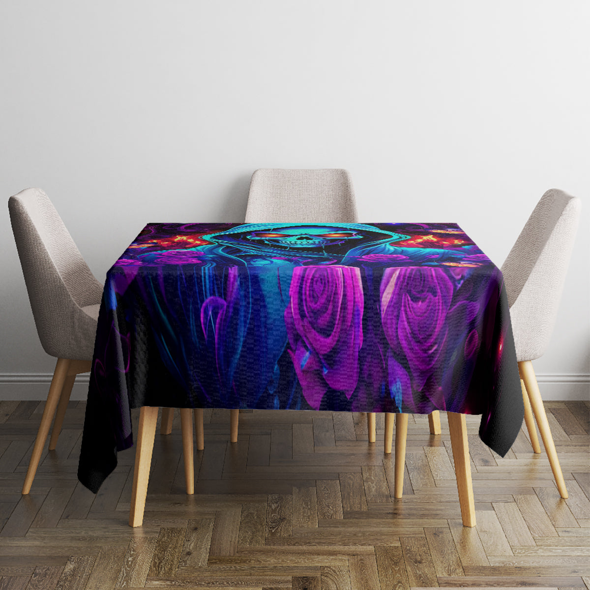 Black tablecloth with centered neon rose swirls and glowing blue skull face pattern.