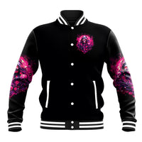 Black varsity jacket with button front and purple/pink chest skullburst graphic, striped cuffs