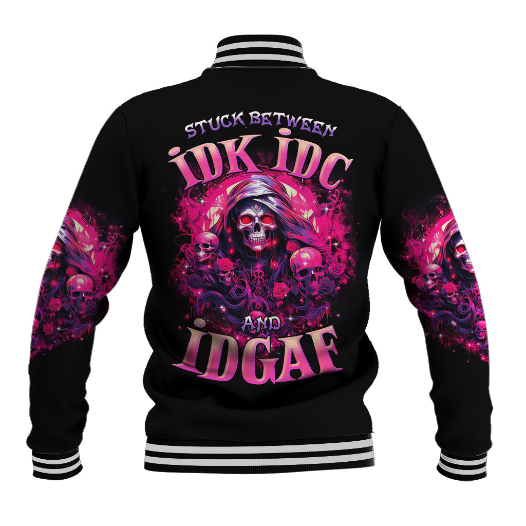 Black baseball jacket with ribbed striped collar and large back skull graphic in pink/purple