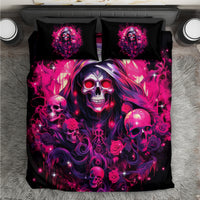 Black skull and rose bedding set with 2 matching pillowcases, bright pink and purple print