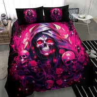 Black skull and rose bedding set with 2 pillowcases, central skeleton face in pink and purple