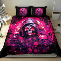 Black skull and rose duvet with 2 pillowcases, large grim skull print in bright pink