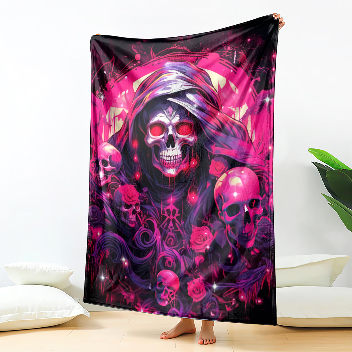 Skull rose blanket with pink skull and roses graphic, upright display