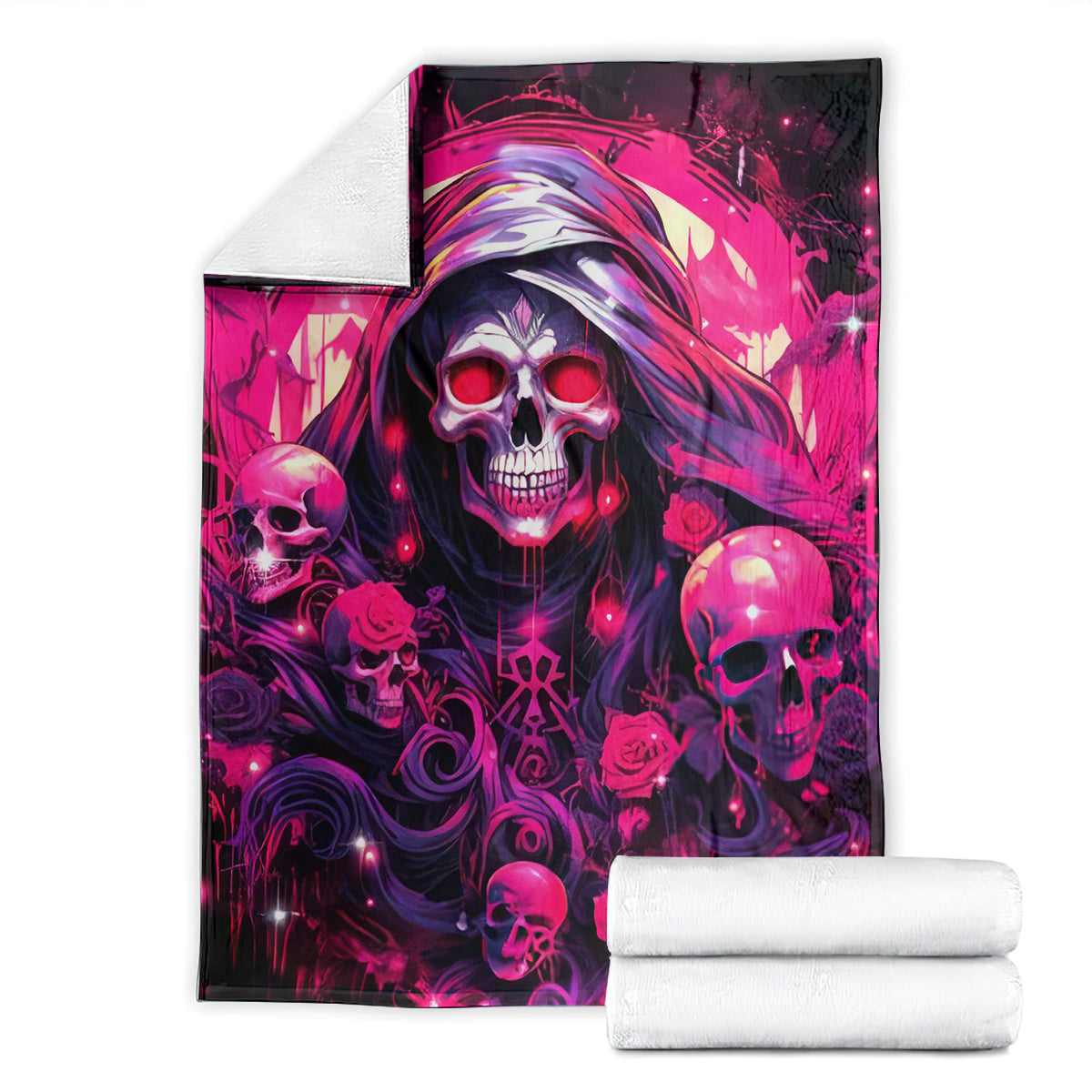 Skull rose blanket with magenta skull design, folded for display