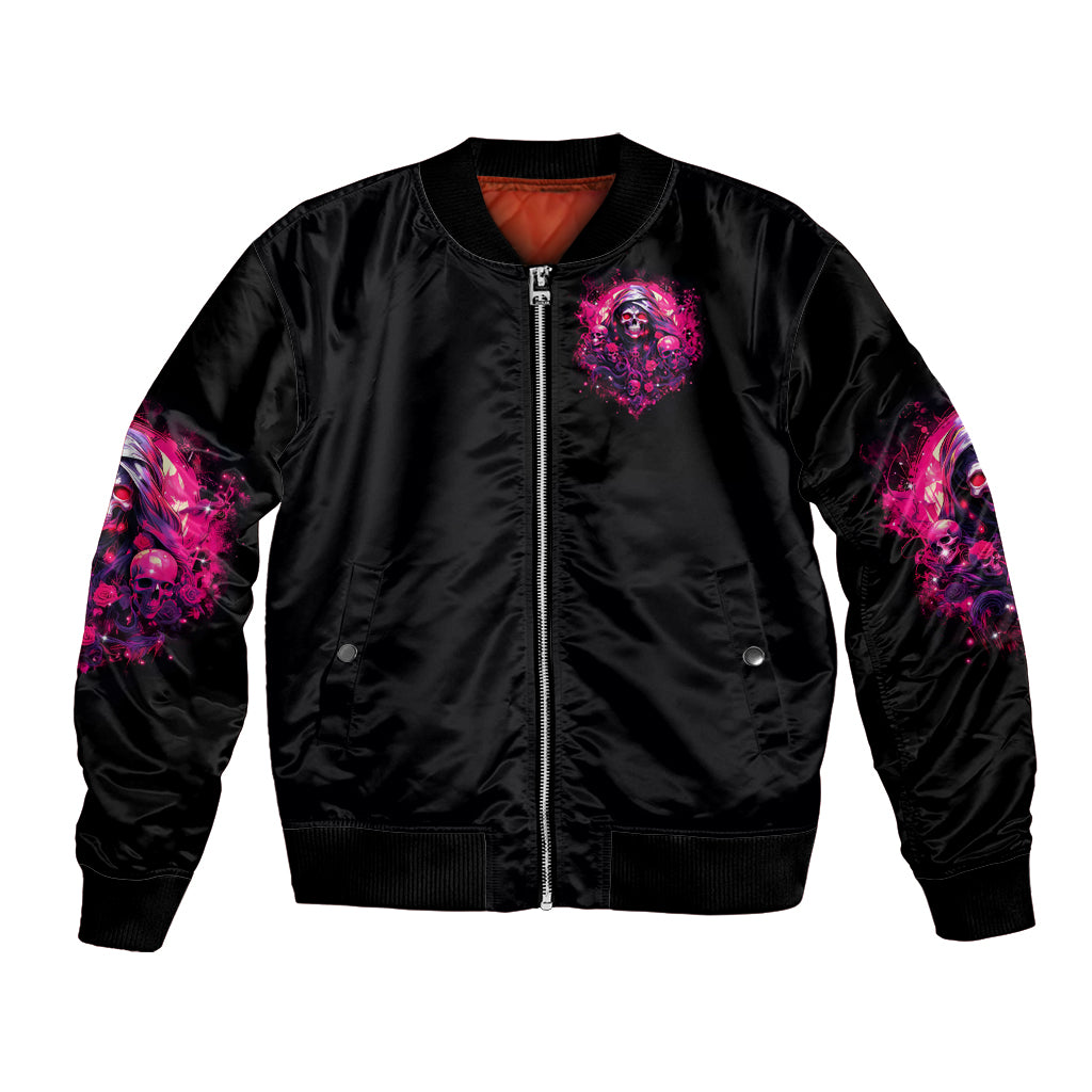 Black bomber jacket with full front zipper and pink skull patch graphic, ribbed hem