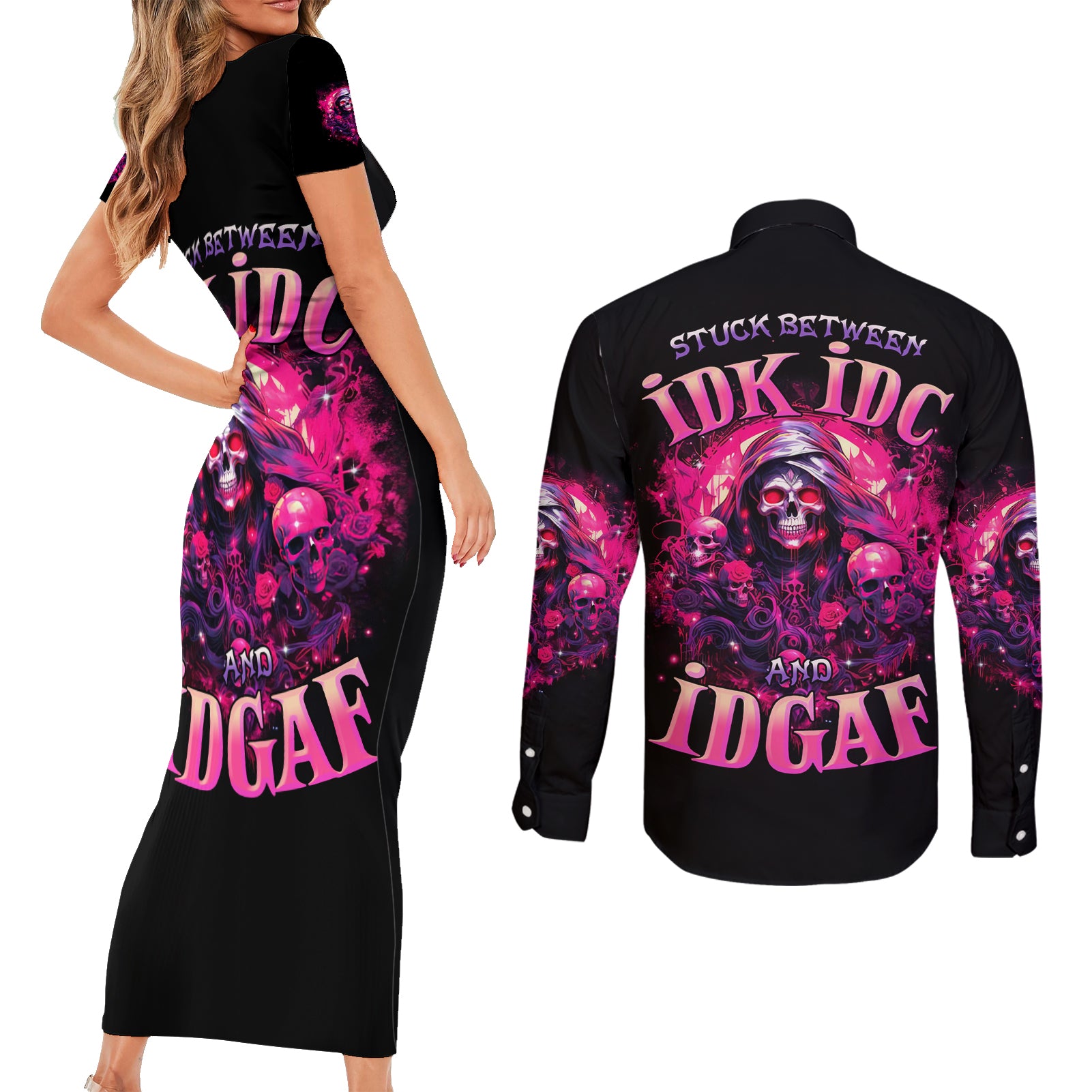 Rose Skull Couples Matching Short Sleeve Bodycon Dress and Long Sleeve Button Shirt Stuck Between IDK IDC And IDGAF - Wonder Print Shop