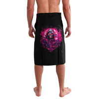 Black wrap sarong skirt with purple skull graphic at center front